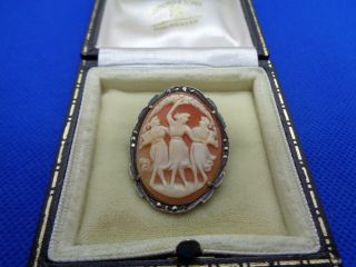 Antique Vintage Silver & Marcasite Three Graces Carved Shell Cameo Brooch