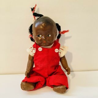 Black Composition Doll “9” Red Overalls