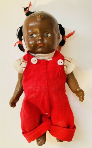 Black Composition Doll “9” Red Overalls 2
