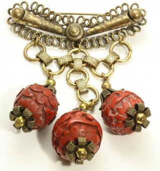 Vintage Gray Kingsburg Art Deco Style Chinese Carved Cinnabar Dangle Brooch Pin