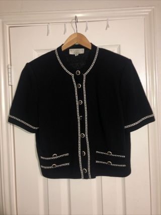 Vtg St.  John By Marie Gray Black Short Sleeve Sweater Knit Jacket Womens Size M