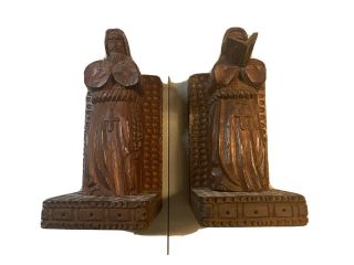 Set Of 2 Vintage Monk Figures Wood Carved Bookends Some Damage -