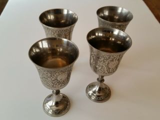 Set Of 4 Vintage World Gift Zy India Silver Plated Etched Goblets