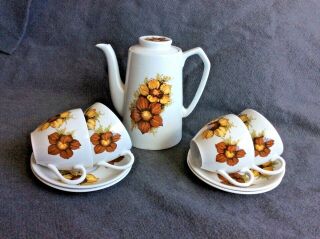 Vintage Alfred Meakin Coffee Set - Cups & Saucers,  Pot - Glo - White Sunflowers