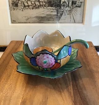 Vintage Art Deco Noritake Japan Hand Painted Lotus Flower Bowl And Saucer,  Spoon
