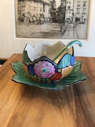 Vintage ART DECO NORITAKE JAPAN Hand Painted LOTUS FLOWER Bowl and Saucer,  Spoon 2