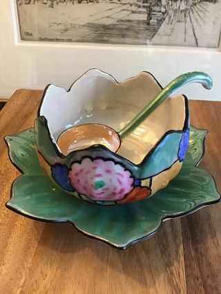 Vintage ART DECO NORITAKE JAPAN Hand Painted LOTUS FLOWER Bowl and Saucer,  Spoon 3