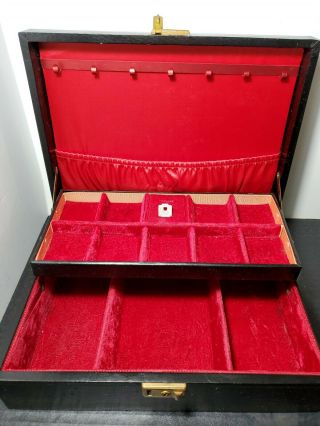 Vintage Mele Mid - Century Jewelry Box Black Faux Leather Tiered Red Velvet Inside