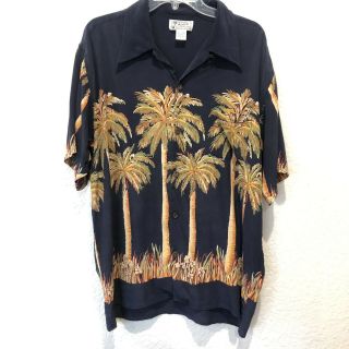 Avanti Vintage 100 Silk Hawaiian,  Aloha Shirt,  L,  Navy Blue Palm Trees Iconic