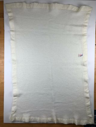 Vintage Tennessee Woolen Mills Acrylic Baby Blanket Off White Satin Edge Usa
