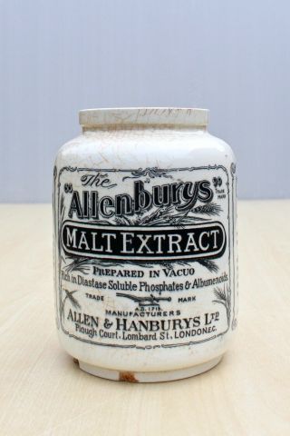 Vintage C1900s Allen & Hanburys London Malt Extract Cure Stoneware Jar Or Pot