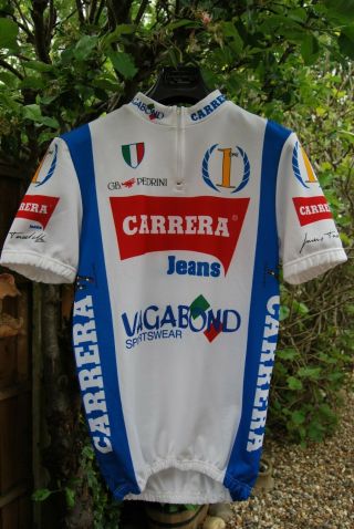 Cycling Jersey Vagabond Carrera Jeans Gb Pedrini L Vtg Retro White Blue Red