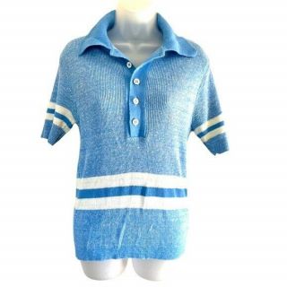 Vintage 70s Knit Polo Shirt Blue Striped Ribbed Collared Unisex Size Medium
