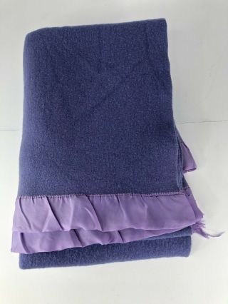 Vintage Satin Trim Wool Blanket Purple Made In Canada Thermal 75x55