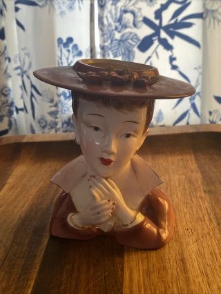 Vintage Lady Head Vase - Lefton 70565 - Maroon Dress & Hat 2 Hands Painted Nails