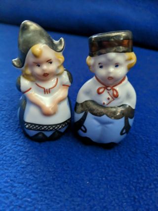 Vintage Goebel (?) Silver Clad Porcelain Dutch Girl & Boy Salt/pepper Shakers