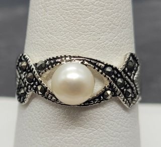 Vintage 925 Sterling Silver Ring Solitaire Pearl With Marcasite Size 8.  5