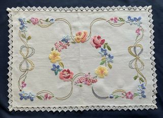 Vintage Linen Hand Embroidered Table Mat / Tray Cloth - Bows & Florals Lace Edge
