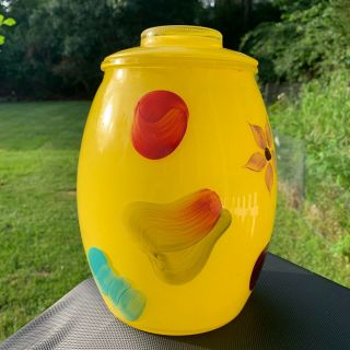 70s Vintage Bartlett Collins Glass Cookie Jar Yellow Hand Painted Fruit Flowers