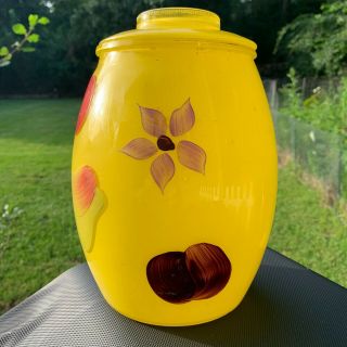 70s Vintage BARTLETT COLLINS Glass Cookie Jar Yellow Hand Painted Fruit Flowers 2