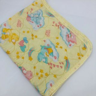 Care Bears Crib Baby Blanket Quilt Lovey Yellow Ruffled Trim Vintage 1983 Htf
