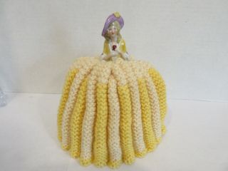 Vintage 1950s Handmade Knitted Teapot Cosy Cozy Yellow Ivory W China Half Doll