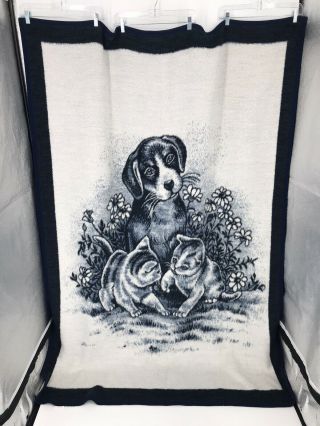 Vintage Biederlack Reversible Fleece Blanket Puppy Kitten Cat Dog 53x76 Usa Made