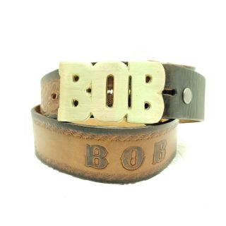 Vintage 70s Bob Robert Name Retro Hippie Western Brass Buckle And Leather Belt