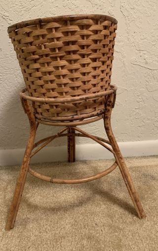 Vintage Bamboo Wicker Rattan Plant Stand With Basket