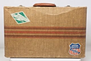Vintage Cardboard Suitcase Brown Tweed Stripe Leather Handle United Grace Union