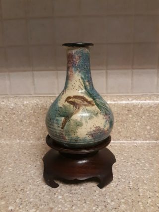 Vintage Studio Art Pottery Vase W Bird On Pedestal Chinese Carved Wooden Stand