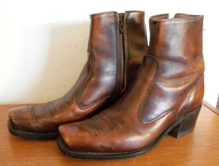 Vintage Acme Brown Leather Side Zip Ankle Boots Western Style Men 