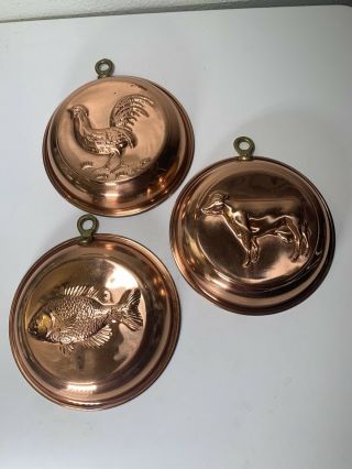 Vintage Round Copper Jello Molds Wall Hanging Decor 6” Farmhouse Cabin Set Of 3
