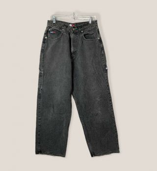 Vintage 90s Tommy Hilfiger Black Baggy Wide Leg Carpenter Denim Jeans 31 X 32