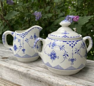 Franciscan Denmark Blue Creamer & Sugar Bowl W/ Lid Set Vtg Made In England Euc