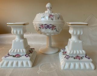 3 Piece Vintage Westmoreland Hand - Painted Milk Glass Candleholders & Candy Dish