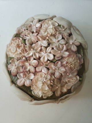 Vintage Hat Pill Box Flowers Pearl Bead.  Pink And Green