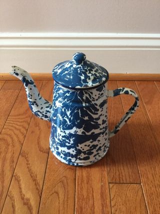 Vintage Blue And White Splatter Graniteware Enamelware Gooseneck Coffee Pot