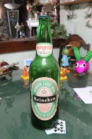 Vintage Large 18 Inch Glass Heineken Bottle With Camp Advertising Bar Display