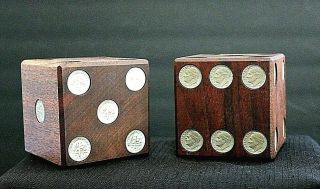 Vintage Large Wooden Dice With Dimes As Numbers Casino Decor