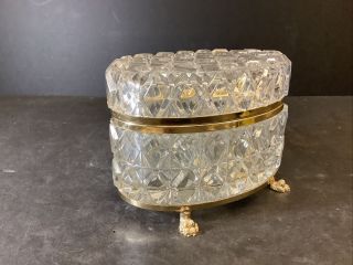 Vtg Gold Metal Glass Jewelry Box Casket Hollywood Regency German Crystal