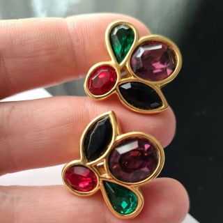Vintage Sal Swarovski Gold Tone Multi Color Crystals Earrings Clip On 1 " T
