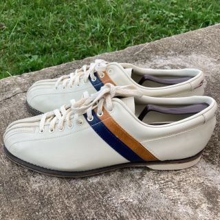Vtg Striker Bowling Shoe By Nsg Leather Beige Striped Brown Blue Mens Size 12