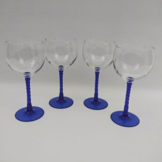 Vintage Clear With Cobalt Blue Twisted Stem Wine Glasses Set Of 4