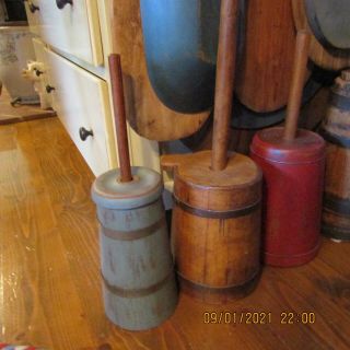 Vintage Primitive Wood Table Top Butter Churn With Two Brass Bands