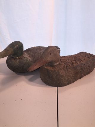 Vintage Antique Duck Decoys,  Pair,  Cork Body,  Wood Head,  Hunted