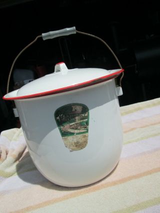 Vintage Enamelware Old Kentucky Home Chamber Pot White Red Trim