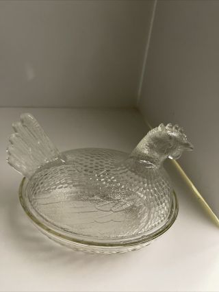Vintage Clear Glass Chicken Hen Nest Covered Candy Dish Bowl