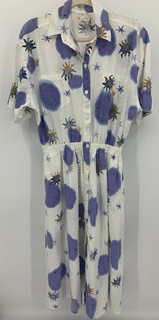 Vintage Play Alegre Cotton Hand Painted Shirt Dress Size Medium / Large Pockets