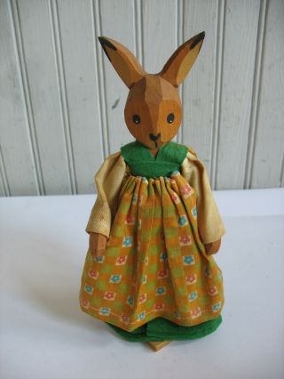 Vtg German Carved Wood Bunny Rabbit Figurine W Dress West Germany 8 1/2 "